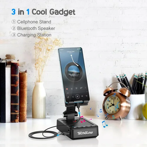 Miniatura 2 de TechGlow Soporte plegable para teléfono celular con función de carga de altavoz Bluetooth, soporte giratorio de 360°, regalos de cumpleaños