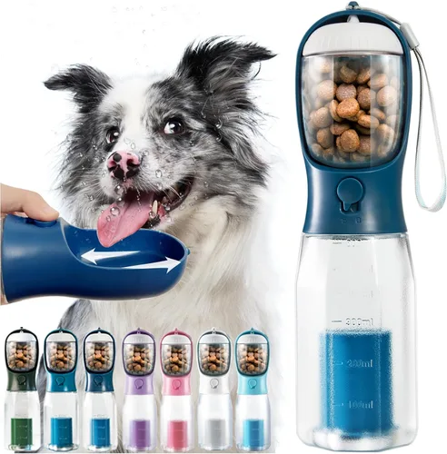Miniatura 10 de Botella de agua portátil para perros pequeños, dispensador de cuencos de viaje 3 en 1 para mascotas con contenedor de alimentos y soporte para bolsa
