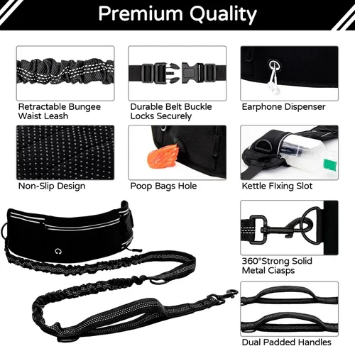 Miniatura 5 de Skmeditec Correa de perro manos libres con bolsa de cintura para pasear perros grandes, correa elástica que absorbe los golpes con bolsa