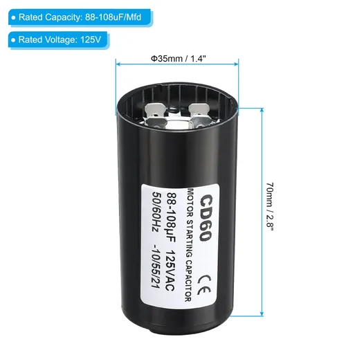 Miniatura 2 de PATIKIL Condensador de arranque del motor, 2 unidades 88-108uF/Mfd 125V 50/60Hz CD60 Condensador de funcionamiento para arranque de motor eléctrico