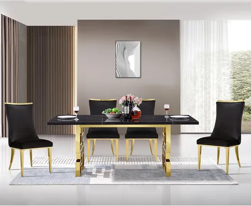 Miniatura 4 de Sillas de comedor, Juego de 4 sillas de comedor, Silla de comedor de terciopelo negro con patas de acero inoxidable dorado
