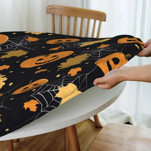 Miniatura 5 de Famame Mantel redondo ajustable con diseño de hojas de otoño y Halloween, con borde elástico, impermeable, con borde elástico, para interiores