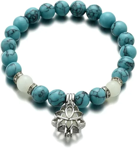 Pulsera luminosa con forma de flor de loto que brilla en la oscuridad para mujer, piedras turquesas naturales, joyería de oración de yoga, Metal