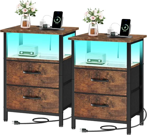 Miniatura 23 de Vagusicc Nightstand with Charging Station, End Table Bedside Table with 2 Fabric Drawers, Black Night Stand with USB Ports & Outlets, 24.2" Tall Bed