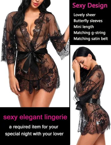 Miniatura 3 de Avidlove - Kimono de encaje para mujer bata babydoll camisón de malla para lencería de talla S-5XL