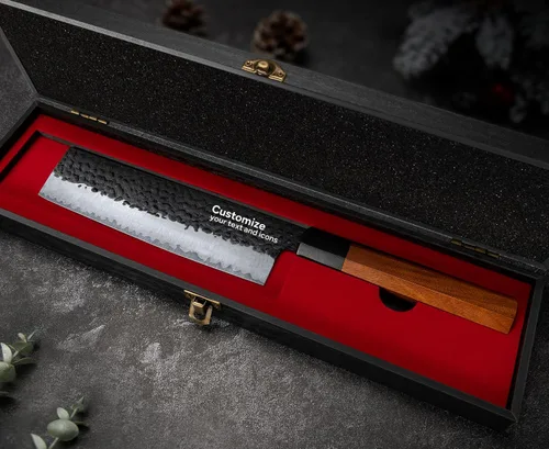 FAMCÜTE Cuchillo Nakiri grabado personalizado de 7 pulgadas, forjado a mano, cuchillo de chef japonés de acero 9CR18MOV de 5 capas con mango de