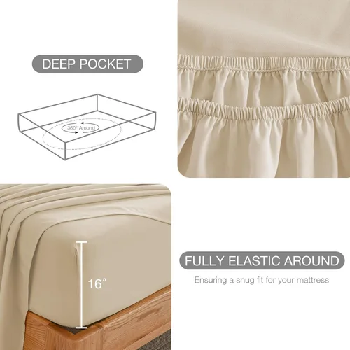 Miniatura 4 de Yibeizi Juego de sábanas beige tamaño Queen, estilo hotel de lujo, juego de sábanas bajeras de bolsillo extra profundo, sábanas de microfibra