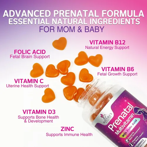 Miniatura 3 de Vitaminas prenatales para mujeres, gomitas de vitaminas para el embarazo con ácido fólico, vitamina A, C, D3, B12, B6, gomitas multivitamínicas