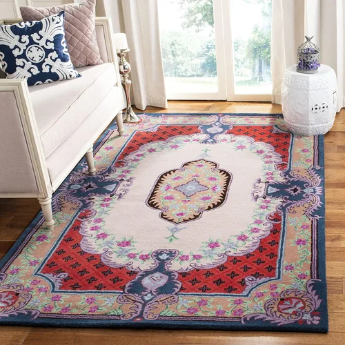 Miniatura 9 de SAFAVIEH Bellagio Collection - Alfombra decorativa de 2 x 3 pies, azul y rosa, hecha a mano de lana de medallón, ideal para zonas de alto tráfico