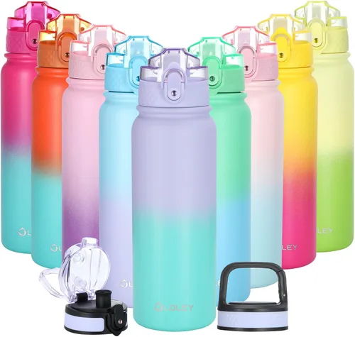 Miniatura 8 de Oldley Botella de Agua Aislada con Pajilla de 20oz, Botellas de Agua de Acero Inoxidable con 3 Tapas, Aislamiento al Vacío de Doble Pared Térmica