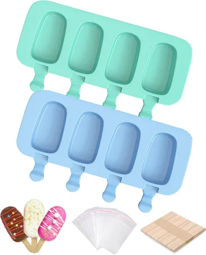Miniatura 7 de Ouddy moldes de silicona para paletas con tapa, 2 moldes para paletas para niños, 4 cavidades, moldes ovalados para helados con 50 palitos