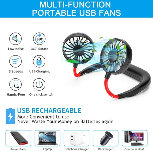 Miniatura 2 de RJVW Ventilador de cuello portátil, manos libres, para colgar en el cuello, ventilador deportivo USB recargable (3 velocidades ajustables)