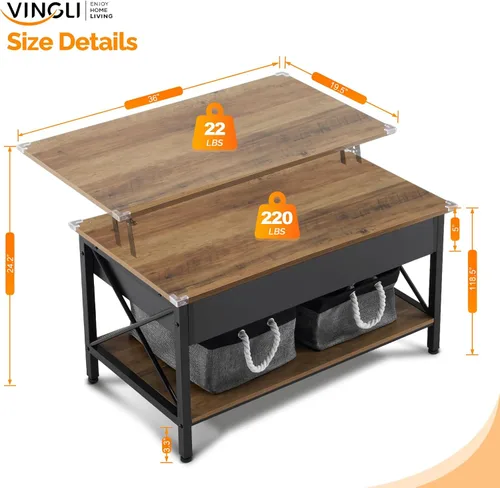 Miniatura 2 de VINGLI Mesa de centro elevable de 36" con contenedores de almacenamiento de tela gratis, mesas de centro negras rústicas de granja para sala