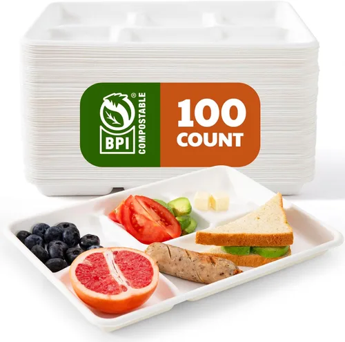 Miniatura 7 de Platos de papel compostables de 3 compartimentos, 125 unidades, 10 pulgadas, bandejas divididas desechables resistentes para el almuerzo, platos