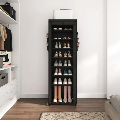 Miniatura 7 de VILICK - Zapatero con cubierta, organizador de zapatos estrecho con 4 bolsillos laterales, estante alto de 10 niveles, almacenamiento para 18-22