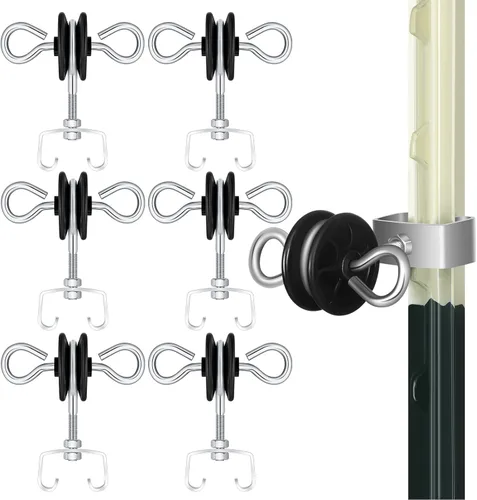 Gisafai 6 manijas eléctricas para puerta de valla en T, anclajes de manija de puerta de doble gancho, 2 anillos, aislantes de acero con tornillos
