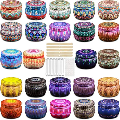 Domivirgo 24 latas de velas vacías de 5.4 onzas con tapas, kit simple de fabricación de velas, incluye mechas, soportes y calcomanías, recipientes