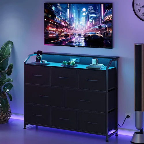 Miniatura 2 de DUMOS - Cómoda para TV con 8 cajones de tela, cómoda, color negro APP Control LED Lights and Type-C Charging Station, Fabric Storage Tower TV