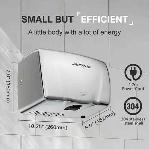 Miniatura 2 de JETWELL Paquete de 2 secadores de manos compactos para baños comerciales, cubierta de acero inoxidable, viento cálido automático de alta velocidad