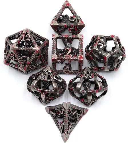 Miniatura 9 de D&D Dice, Dungeons and Dragons Dice HNCCESG Juego de dados de metal poliédricos huecos para juegos de mesa RPG MTG (Dragon Silver Blood Spot)
