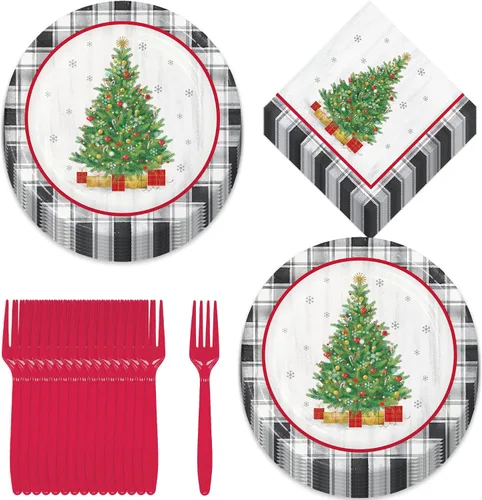Miniatura 16 de Suministros para fiestas navideñas - Platos de postre de papel, servilletas para bebidas y tenedores de aldea navideña de invierno (para 16 personas)