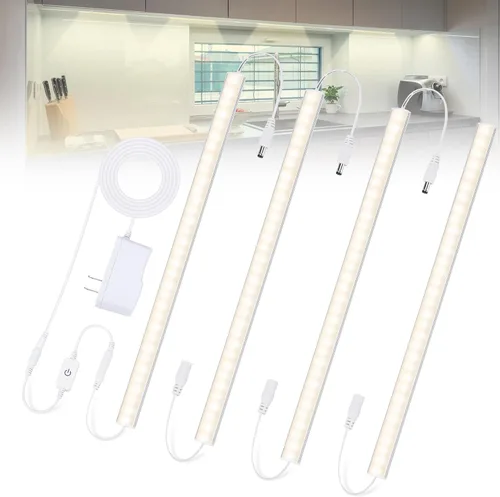 Luces para debajo del gabinete, luz blanca diurna enchufable de 4000 K, iluminación LED regulable para debajo del gabinete, 4 lámparas de 12