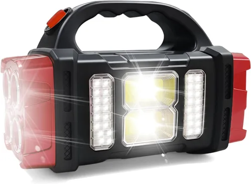 Linterna solar de mano, 4 modos de iluminación, luz de trabajo LED recargable, USB-C y linterna portátil con energía solar, luz de campamento de Rojo