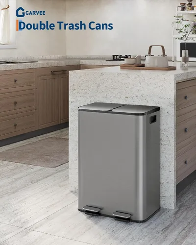 Miniatura 2 de GarveeHome Bote de basura doble de acero inoxidable de 2 x 8 galones con tapa para cocina, combo de basura doble grande y de reciclaje, cubos