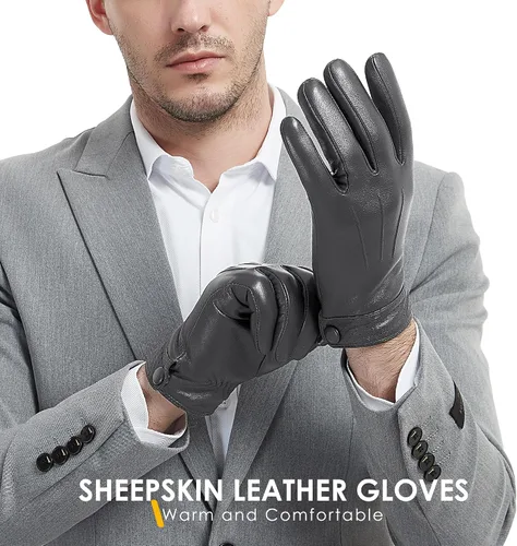 Miniatura 2 de Dsane Guantes de cuero de oveja genuina de invierno para hombres, guantes de motocicleta de conducción con forro de cachemira para pantalla táctil