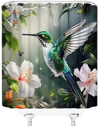 Miniatura 4 de Cortina de ducha de flores de colibrí, acuarela, hojas verdes, pájaros, jardín, naturaleza, paisaje, cortinas de decoración de baño con ganchos, 35