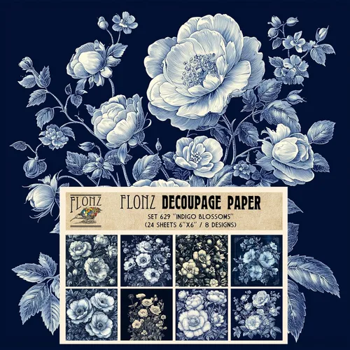 Paquete de papel Decoupage (24 hojas de 6 x 6 pulgadas), flores índigo: delicados grabados florales azules y blancos inspirados en porcelana clásica