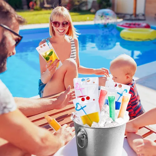 Miniatura 5 de 100 bolsas de doble cremallera para bebidas con 100 popotes y 30 bolsas de paletas plegables de mano resistentes para batidos, bebidas frías