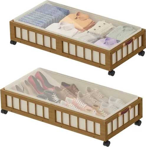 Miniatura 11 de efluky Paquete de 2 contenedores de almacenamiento de bambú debajo de la cama con ruedas, cesta de almacenamiento de ropa debajo de la cama
