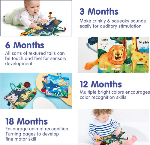 Miniatura 8 de hahaland Juguetes para bebés de 0 a 6 meses, libros arrugados para bebés, paquete de 2, tela suave, sensación al tacto, libro para bebés de 6 a 12