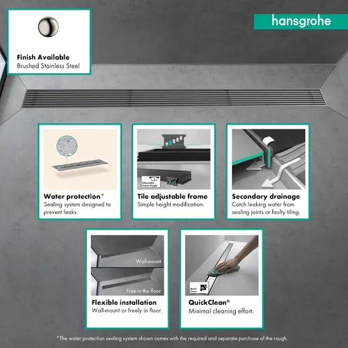 Miniatura 5 de hansgrohe RainDrain Match Boardwalk - Drenaje de ducha lineal para 27 5/8 pulgadas, con marco de altura ajustable en acero inoxidable cepillado