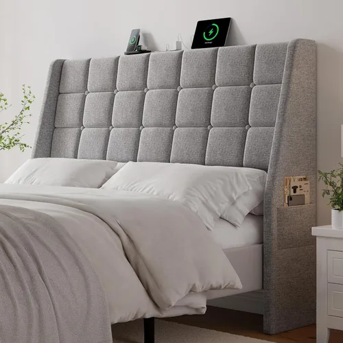 Cabecero tapizado ergonómico tamaño queen con estación de carga, cabeceros con respaldo de orejas de lino con bolsillo de almacenamiento, solo Gris