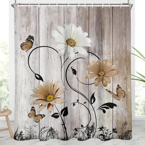 Miniatura 37 de AAtter Cortina de ducha floral azul rústica boho gris blanco amarillo margarita naturaleza negro botánico telón azul verdoso turquesa tela única
