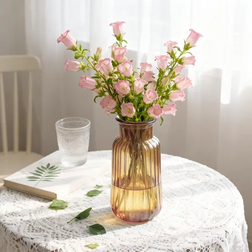 Miniatura 2 de Jarrón de cristal ámbar, florero acanalado de 8.7 pulgadas de alto para ramo, centro de mesa, decoración de mesa de comedor, jarrones transparentes