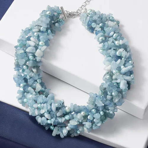 Miniatura 4 de Ross-Simons Collar Torsade de perlas cultivadas azules de 0.197-0.236 in y 850.00 ct. t. w de cuentas de aguamarina con plata de ley. 17.7 in, Gema