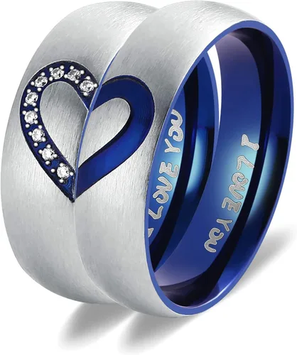Miniatura 8 de Anillos de promesa para parejas, para él y para ella, juego de anillos de boda con texto en inglés "I Love You" grabado a juego con corazón azul