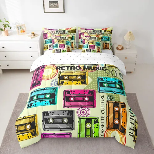 Miniatura 8 de Erosebridal Juego de ropa de cama de cassette vintage de los años 80 y 90, juego de edredón de 7 piezas para niños y adultos, retro, amarillo