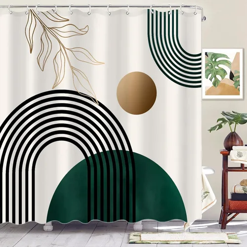 Miniatura 4 de Aipon Cortina de ducha verde de mediados de siglo para baño, cortina de ducha abstracta bohemia de tela moderna impermeable (72 x 72 pulgadas, verde)