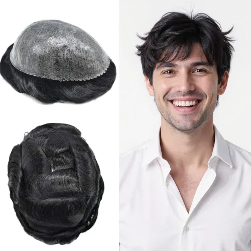 All Poly Toupee para hombres, sistema de reemplazo de cabello humano Remy, piel fina, 0.004 in, pelo fino de poliuretano para hombre, 8 x 10