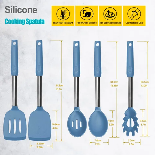Miniatura 2 de Espátula de silicona y cuchara de cocina, paquete de 5 utensilios de cocina antiadherentes para la cocina, espátulas y cucharas sólidas y ranuradas