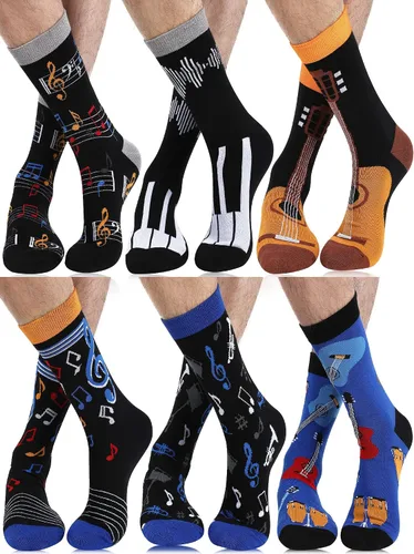 Miniatura 4 de 6 pares de calcetines musicales, regalos para hombres, divertidos calcetines temáticos de música, calcetines novedosos con notas de piano rocker