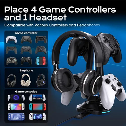 Miniatura 2 de Soporte para auriculares RGB con 9 modos de luz y 2 puertos de carga USB, soporte para controlador para escritorio, soporte para auriculares