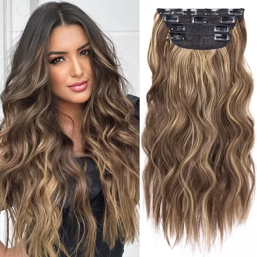 Miniatura 18 de 4 extensiones de cabello sintético suave y natural para mujer, rubio miel, mezcla de castaño castaño, extensiones para mujer