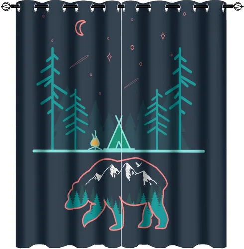 Miniatura 13 de Cortinas abstractas con estampado de cámper de caricaturas, divertido tema de aventura, campamento, montañas, vida silvestre, oso, tratamiento