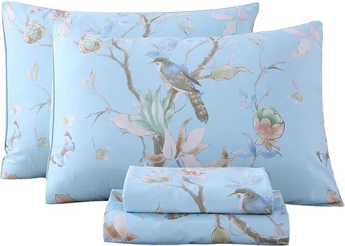 Miniatura 11 de RYNGHIPY Juego de sábanas de algodón con estampado floral de abejas Shabby, con fundas de almohada, juego de ropa de cama de algodón egipcio