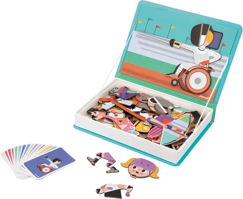 Janod - Juego educativo Magnéti'Book Deportes - 48 imanes + 16 tarjetas modelo - Juego creativo - Mejora las habilidades de observación - Portátil y